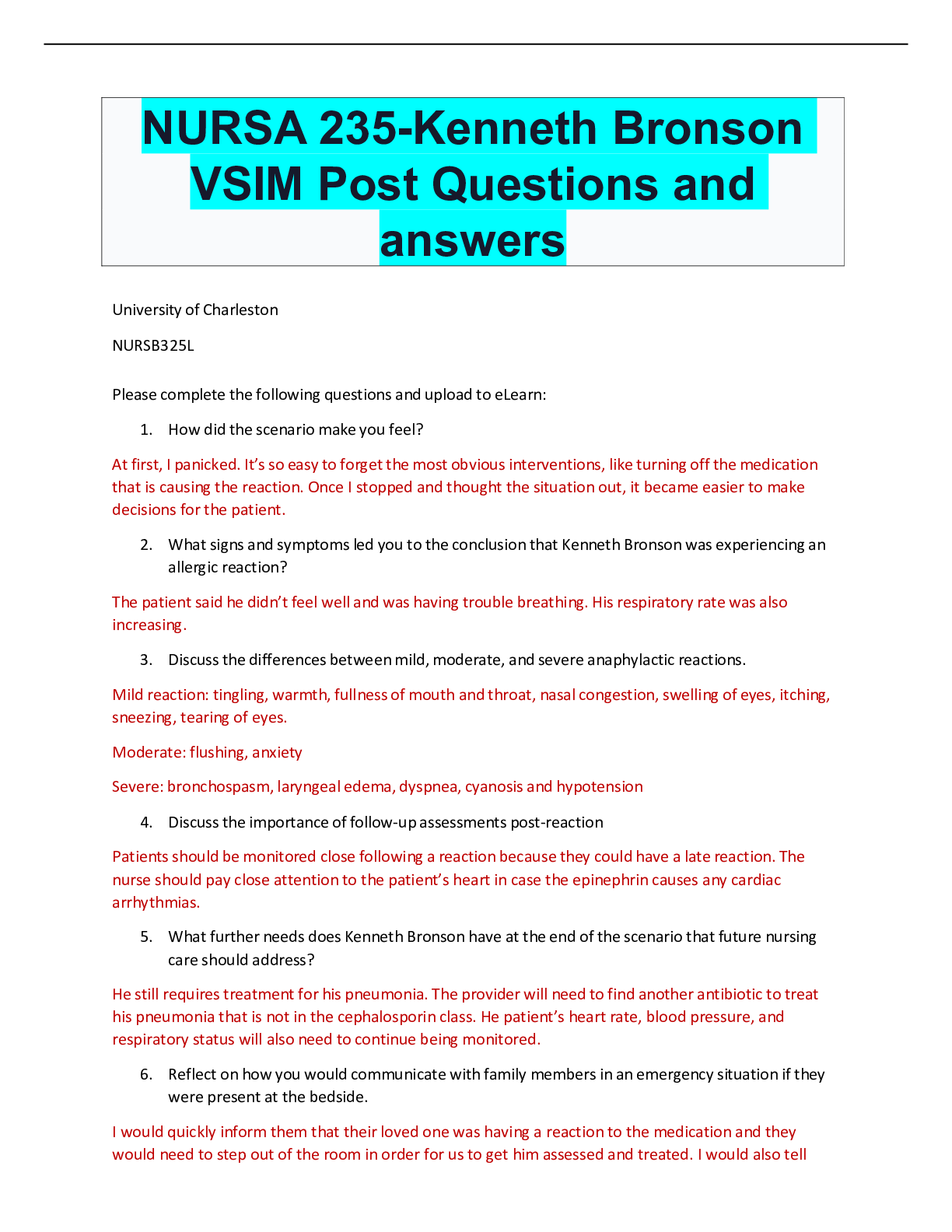 Preview of NURSA 235-Kenneth Bronson VSIM Post Questions and answers